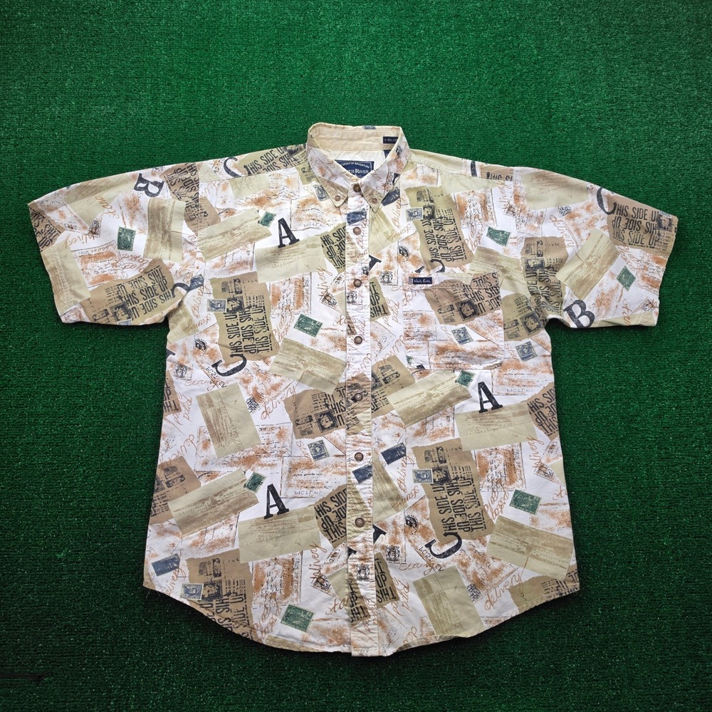 North River Vintage Postage & Parcel Shirt Mens Large Button Up Short Sleeve AOP